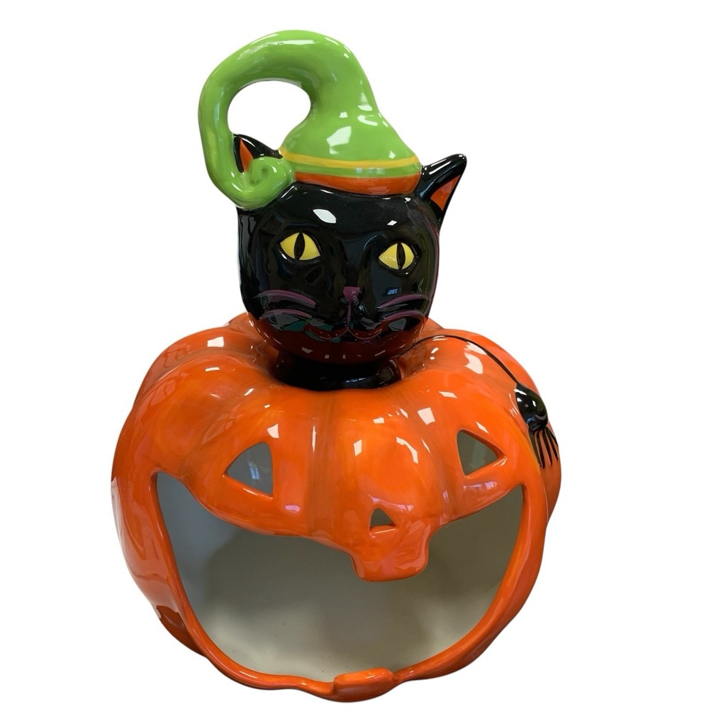 HAPPY HALLOWEEN Candle/Candy Holder Pumpkin Black Cat Ceramic Glossy Spooky